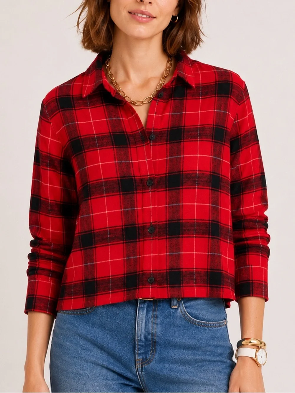 J.Crew Cropped Garçon Shirt Red Black Plaid Flannel Cotton Size 12